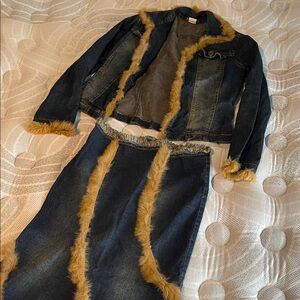 Denim Jacket and Skirt Set with Fur Trim